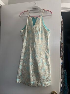 Lilly Pulitzer Aqua and Gold Jacquard Party Dress